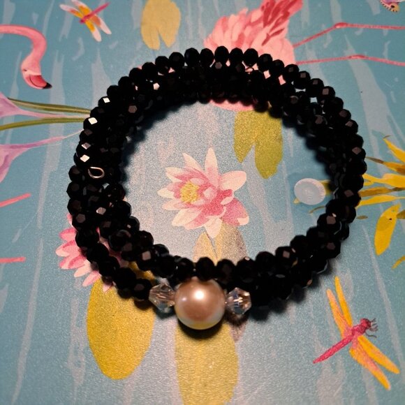 Handmade Artisan Memory Wire Wrap Bracelet, Faux Pearl, Black Crystals, women - Picture 3 of 3